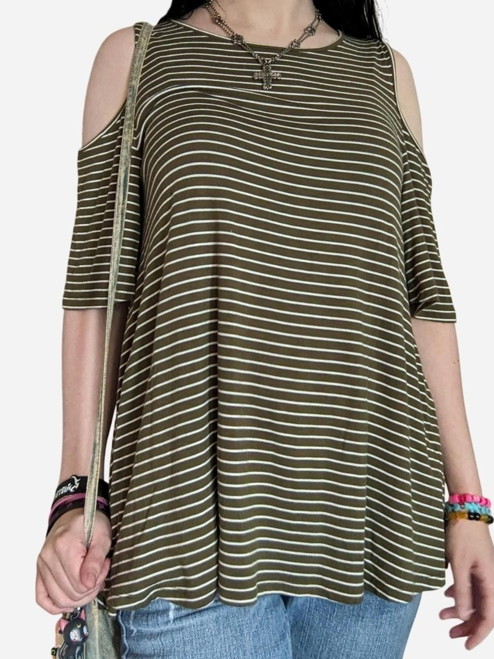 white and olive green striped cold shoulder top